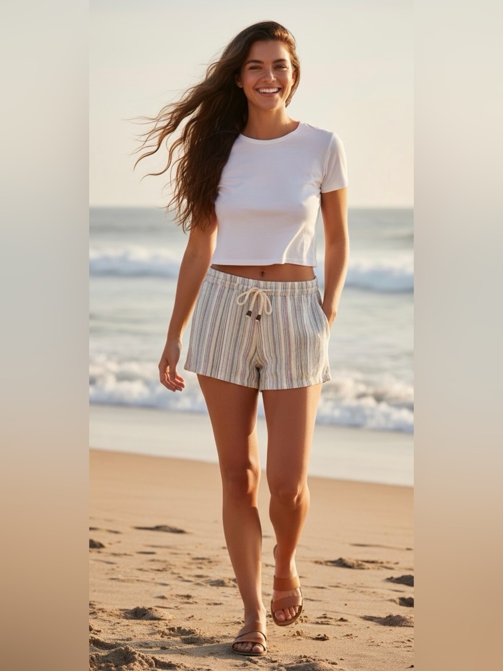 Umgee Striped Drawstring Summer Shorts - White with Multicolor Stripes